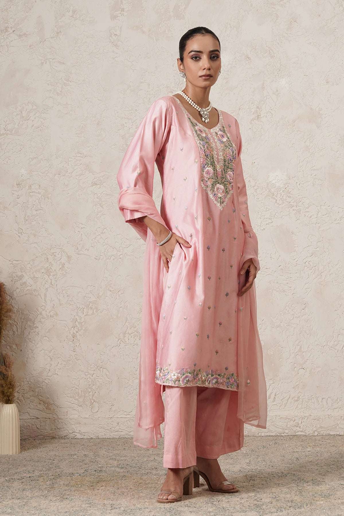 Gulnaar Hand-Embroidered A-Line Kurta Palazzo Set with Dupatta | Dark Pink | Chanderi & Satin | Women | THETAA