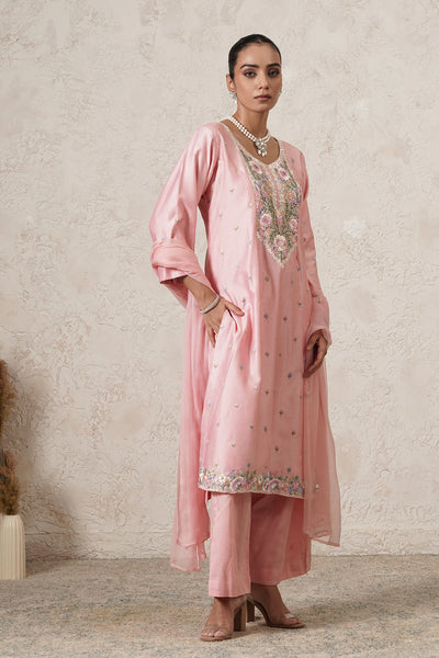 Gulnaar Hand-Embroidered A-Line Kurta Palazzo Set with Dupatta | Dark Pink | Chanderi &amp; Satin | Women | THETAA