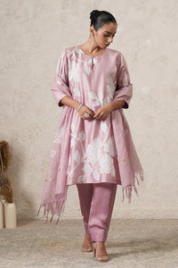 Mogra Floral Motif Kurta Set with Pants & Dupatta | Mauve Pink | Chanderi & Satin | Women | THETAA