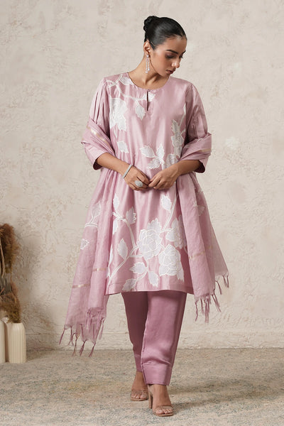 Mogra Floral Motif Kurta Set with Pants &amp; Dupatta | Mauve Pink | Chanderi &amp; Satin | Women | THETAA