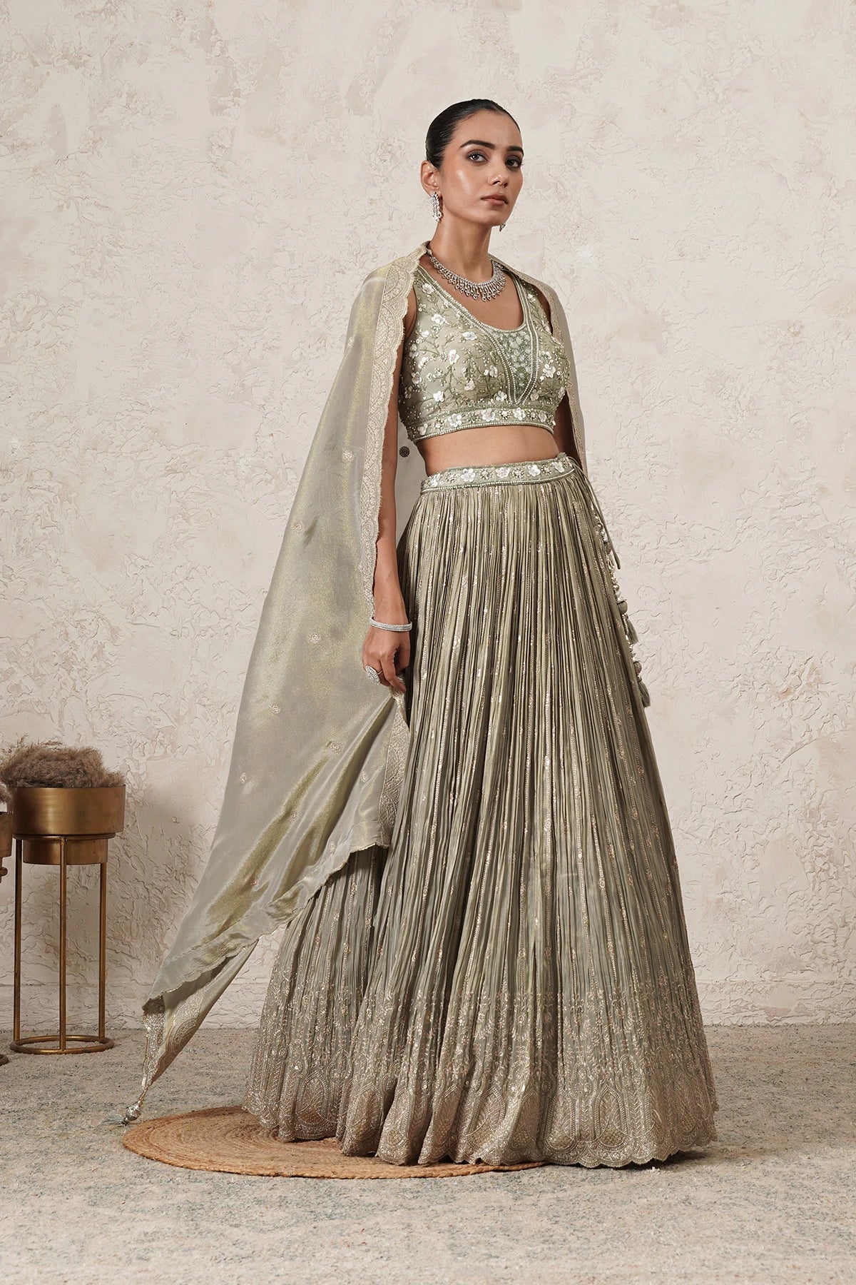 Pista Crushed Lehenga Set with Hand-Embroidered Blouse & Dupatta | Sage Green & Antique Gold | Polyester | Women | THETAA