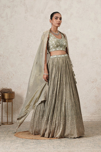Pista Crushed Lehenga Set with Hand-Embroidered Blouse &amp; Dupatta | Sage Green &amp; Antique Gold | Polyester | Women | THETAA