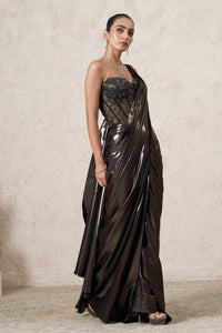 Siyahi Pre-Draped Saree with Hand-Embroidered Corset Blouse | Gunmetal & Black | Imported Net | Women | THETAA