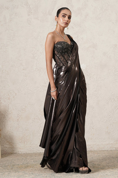 Siyahi Pre-Draped Saree with Hand-Embroidered Corset Blouse | Gunmetal &amp; Black | Imported Net | Women | THETAA
