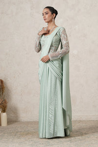 Jharokha Pre-Draped Saree with Hand-Embroidered Corset Blouse | Mint Green | Imported Net | Women | THETAA