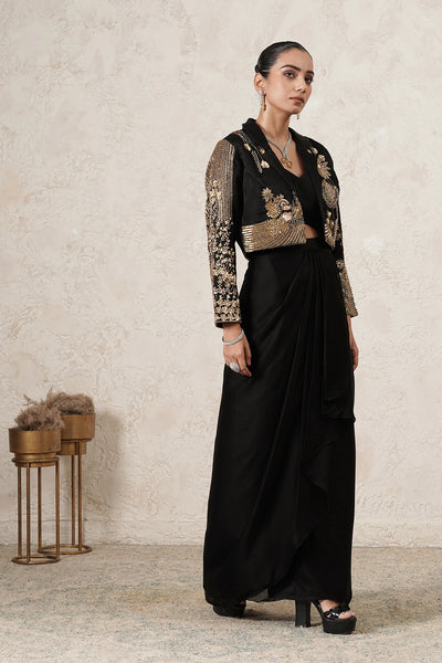 Aabhaas Dhoti Saree Set with Hand-Embroidered Cropped Jacket | Black &amp; Antique Gold | Imported Net | Women | THETAA