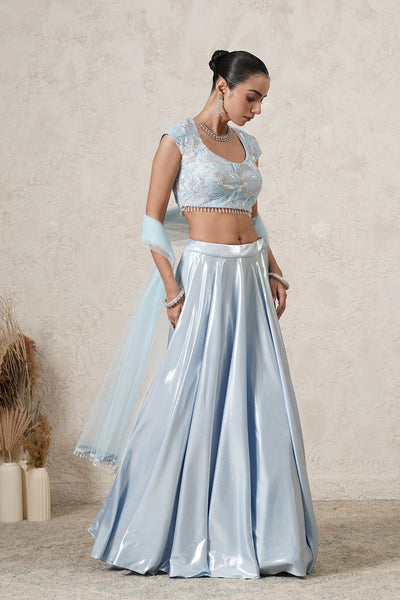 Dariya Metallic Lehenga Set with Hand-Embroidered Blouse &amp; Dupatta | Sea Blue | Polyester &amp; Net | Women | THETAA