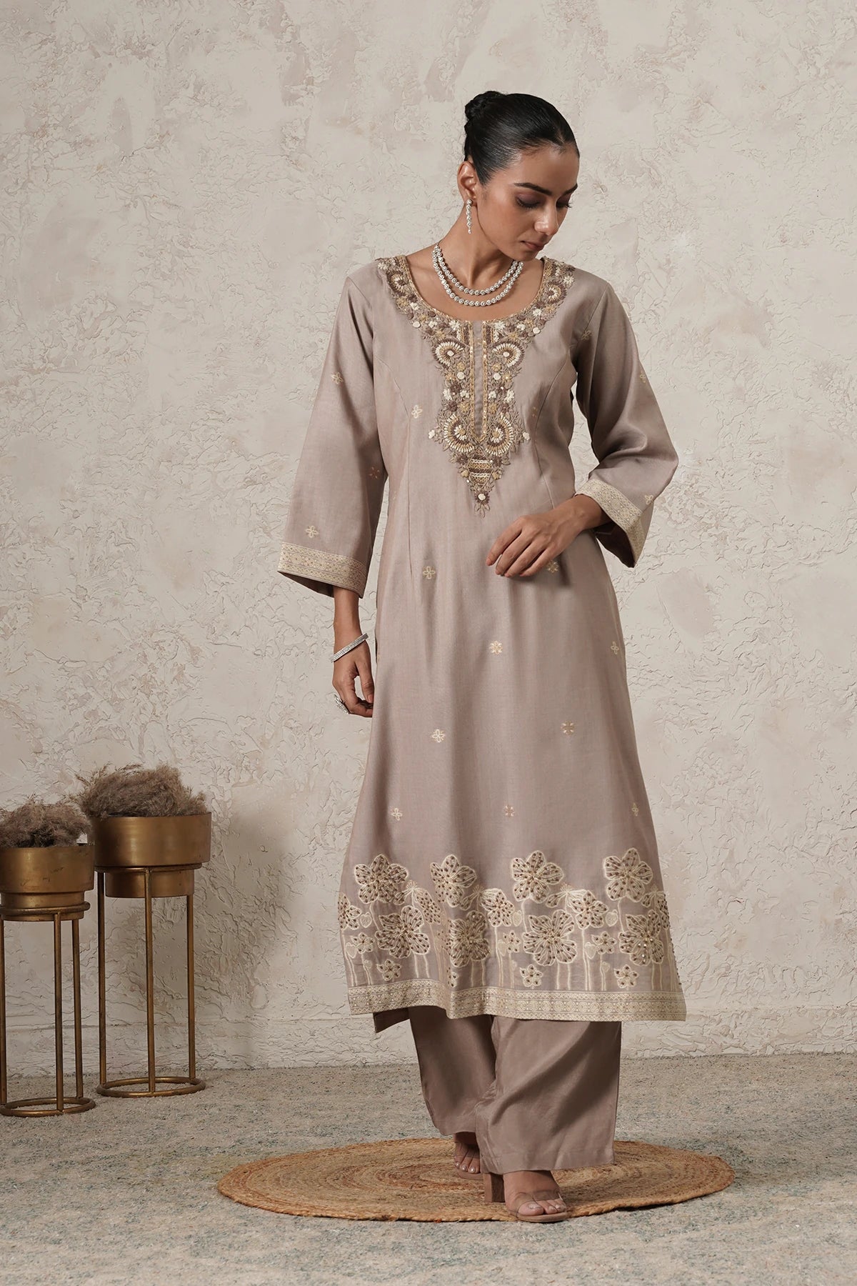 Thehraav Hand-Embroidered Kurta Palazzo Set with Dupatta | Beige | Chanderi & Satin | Women | THETAA