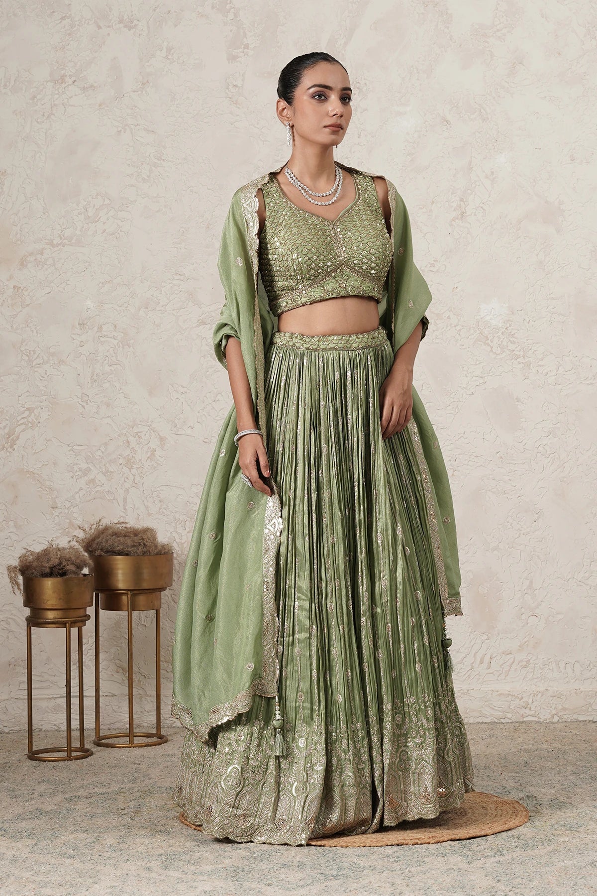 Hina Crushed Lehenga Set with Hand-Embroidered Blouse & Dupatta | Green | Polyester | Women | THETAA