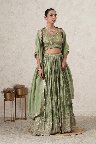 Hina Crushed Lehenga Set with Hand-Embroidered Blouse &amp; Dupatta | Green | Polyester | Women | THETAA