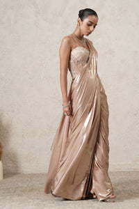 Sunehri Pre-Draped Saree with Hand-Embroidered Corset Blouse | Beige Gold | Imported Net | Women | THETAA