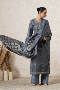Parwaaz Hand-Embroidered Kurta Set with Pants & Dupatta | Slate Blue | Chanderi & Satin | Women | THETAA