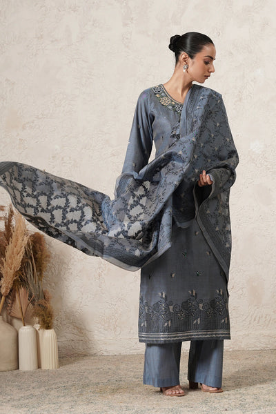 Parwaaz Hand-Embroidered Kurta Set with Pants &amp; Dupatta | Slate Blue | Chanderi &amp; Satin | Women | THETAA