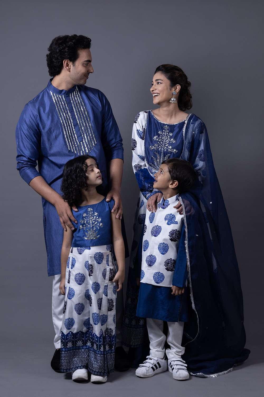 Neeli buti Hand Embroidered twinning set for Mom + Father  + Daughter + Son image 0