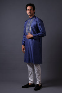 Frost grey gold fully hand embroidered mirror kurta set image 0