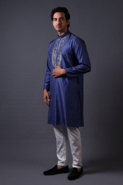 Frost grey gold fully hand embroidered mirror kurta set image 0