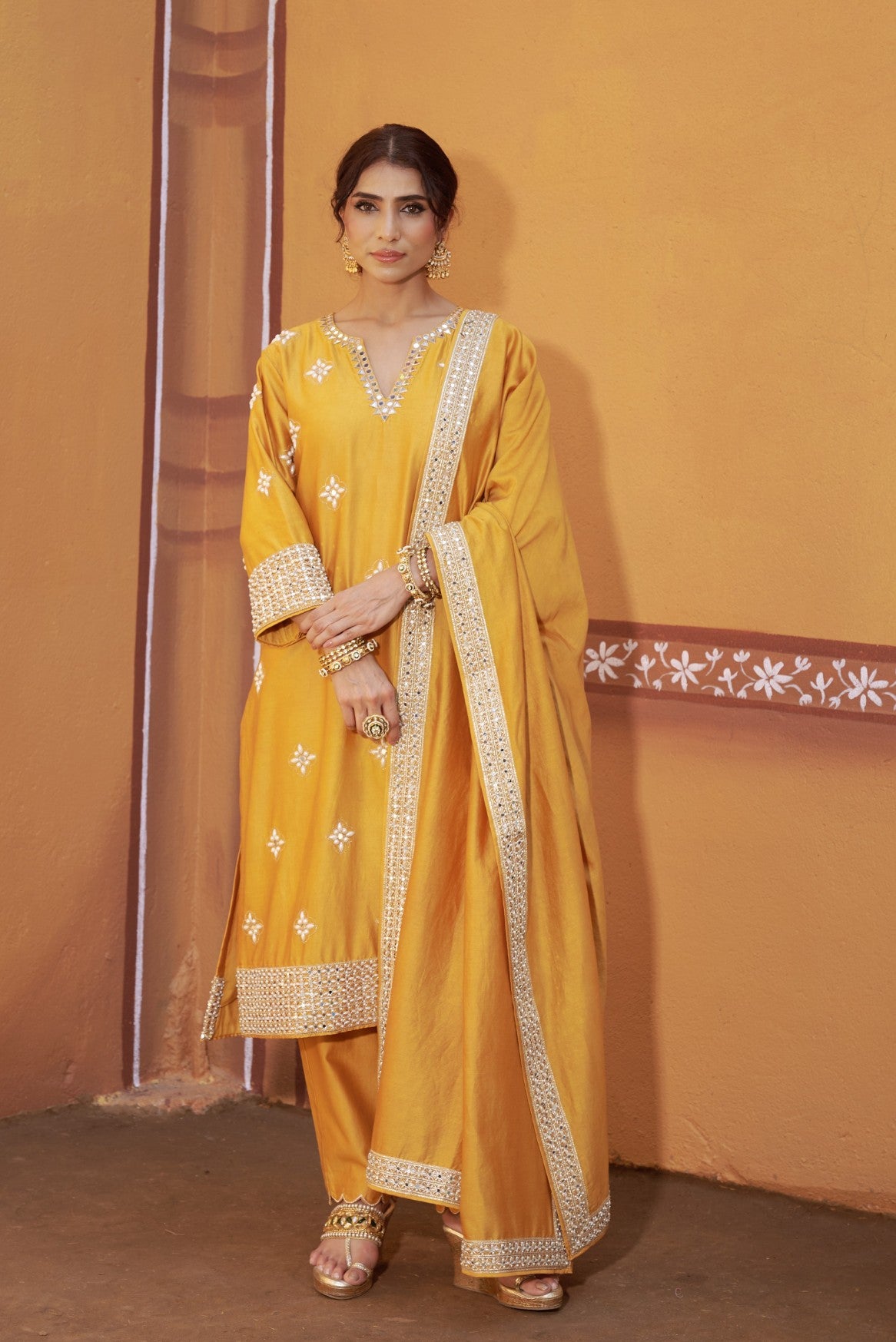 Golden yellow hand embroidered mirror work kurta set image 5
