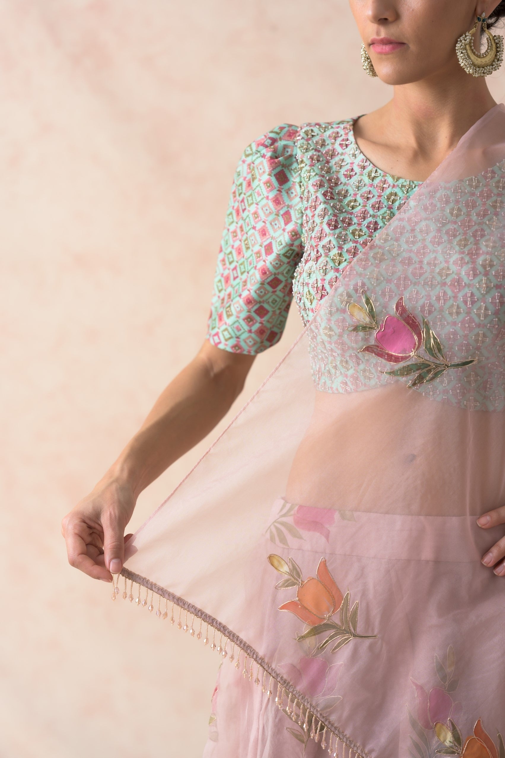 Embroidered blouse with organza lehenga, dupatta image 13