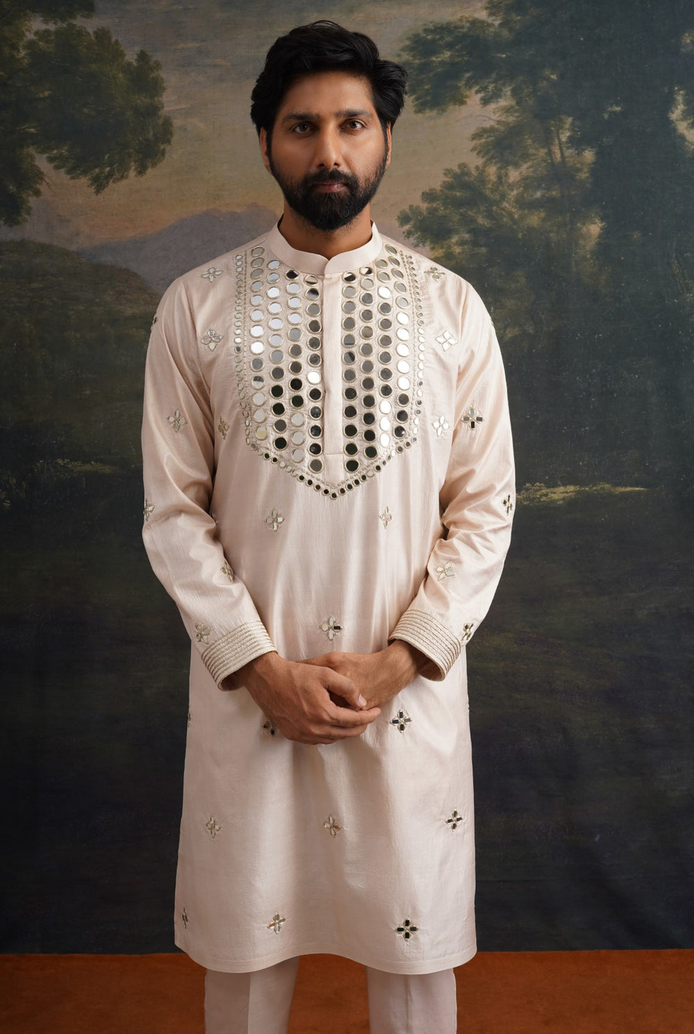 Golden sand Hand-Embellished Mirror Work Kurta Set image 1