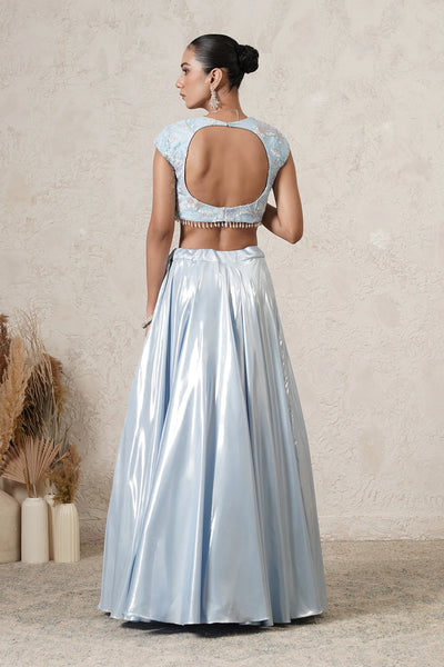 Dariya Metallic Lehenga Set with Hand-Embroidered Blouse &amp; Dupatta | Sea Blue | Polyester &amp; Net | Women | THETAA