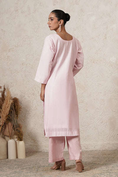 Gulabi Hand-Embroidered Kurta Palazzo Set with Dupatta | Light Pink | Chanderi &amp; Satin | Women | THETAA