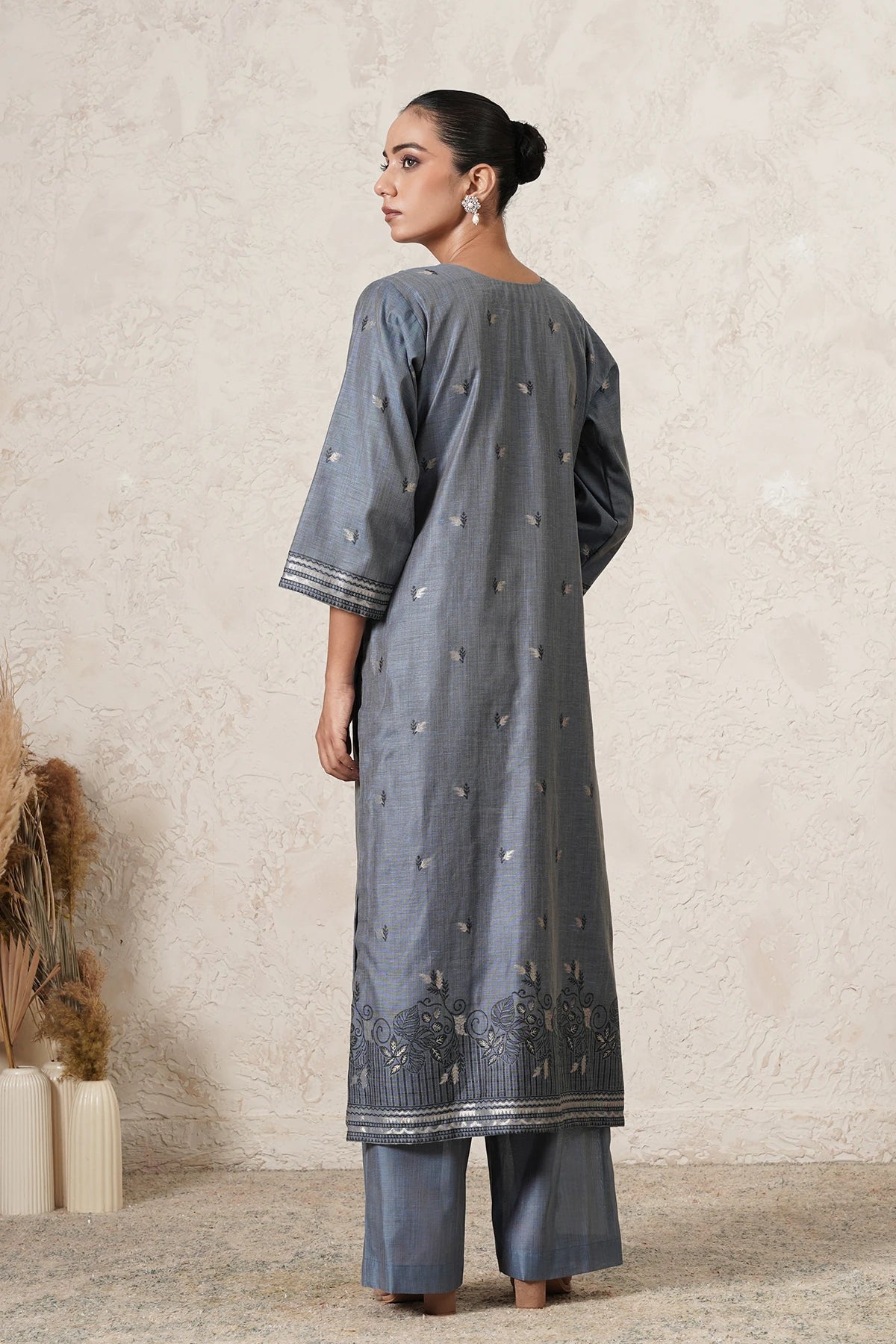 Parwaaz Hand-Embroidered Kurta Set with Pants & Dupatta | Slate Blue | Chanderi & Satin | Women | THETAA