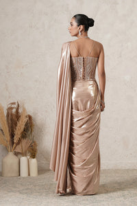 Sunehri Pre-Draped Saree with Hand-Embroidered Corset Blouse | Beige Gold | Imported Net | Women | THETAA