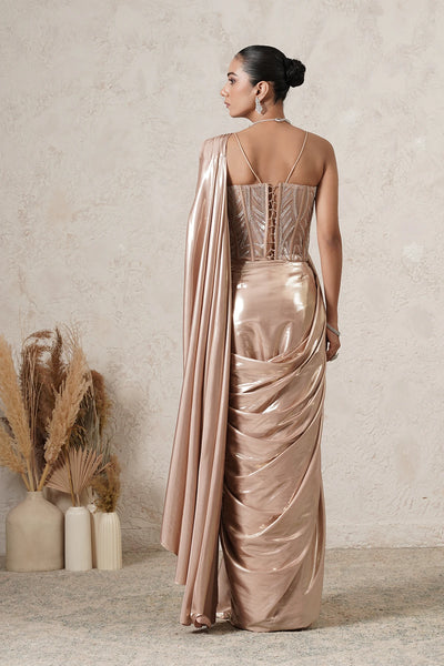 Sunehri Pre-Draped Saree with Hand-Embroidered Corset Blouse | Beige Gold | Imported Net | Women | THETAA
