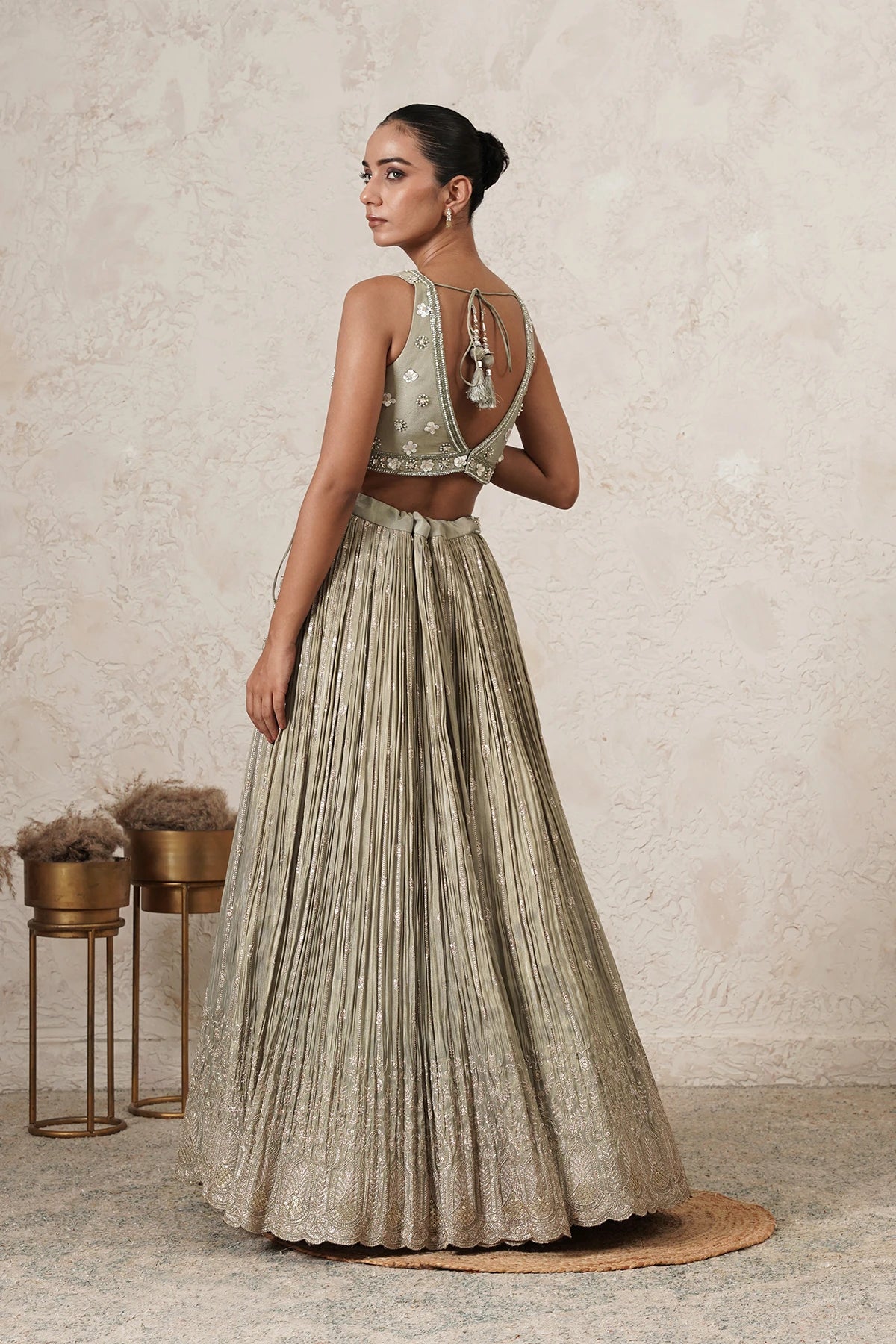 Pista Crushed Lehenga Set with Hand-Embroidered Blouse & Dupatta | Sage Green & Antique Gold | Polyester | Women | THETAA