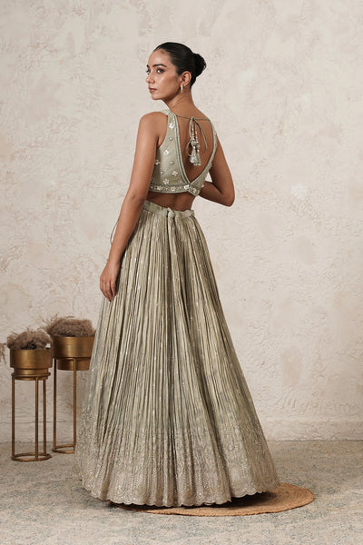 Pista Crushed Lehenga Set with Hand-Embroidered Blouse &amp; Dupatta | Sage Green &amp; Antique Gold | Polyester | Women | THETAA