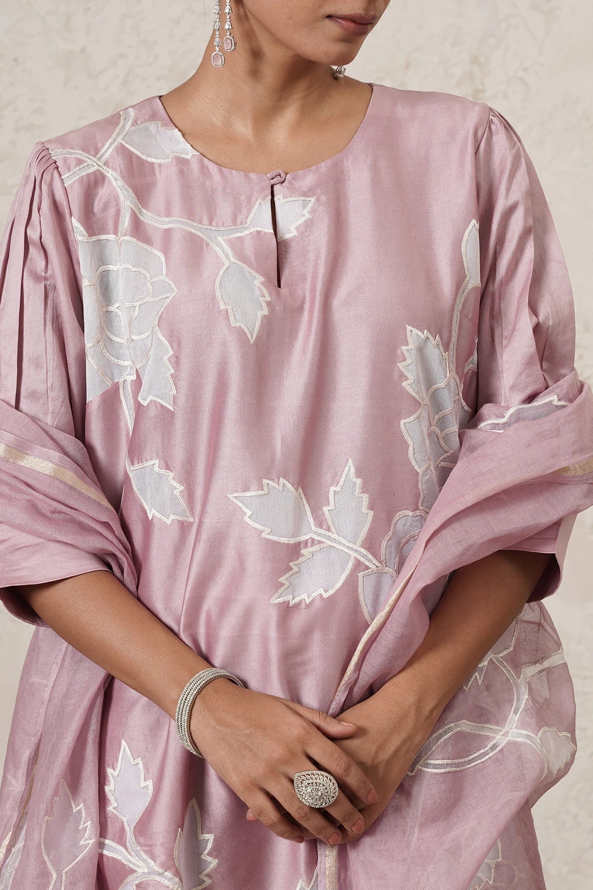 Mogra Floral Motif Kurta Set with Pants & Dupatta | Mauve Pink | Chanderi & Satin | Women | THETAA