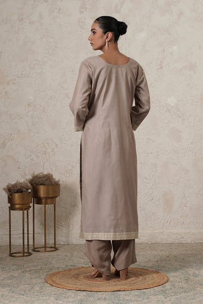 Thehraav Hand-Embroidered Kurta Palazzo Set with Dupatta | Beige | Chanderi &amp; Satin | Women | THETAA
