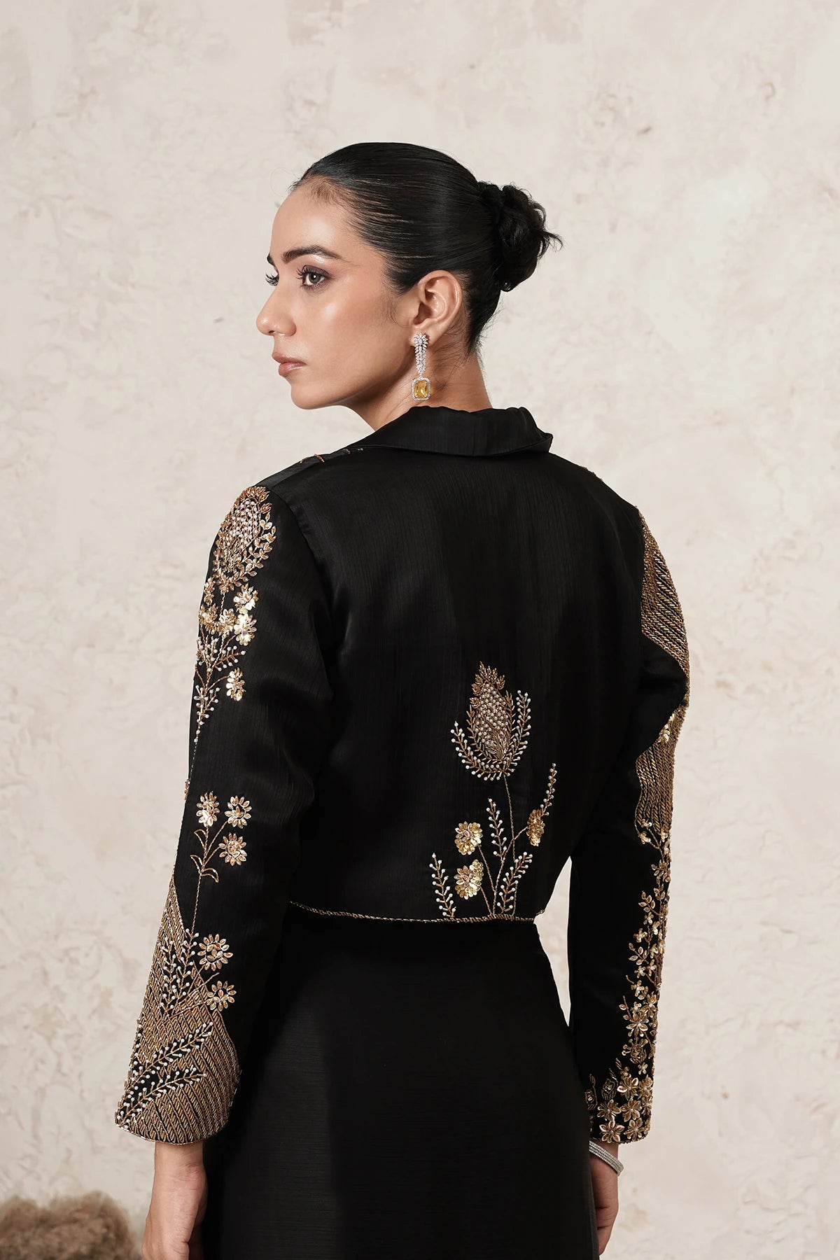 Aabhaas Dhoti Saree Set with Hand-Embroidered Cropped Jacket | Black & Antique Gold | Imported Net | Women | THETAA