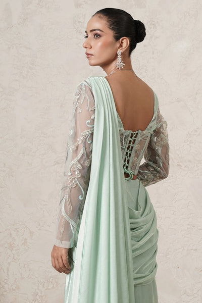 Jharokha Pre-Draped Saree with Hand-Embroidered Corset Blouse | Mint Green | Imported Net | Women | THETAA
