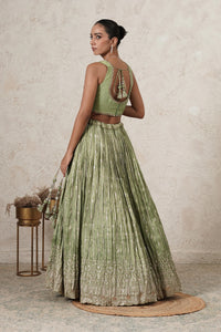 Hina Crushed Lehenga Set with Hand-Embroidered Blouse & Dupatta | Green | Polyester | Women | THETAA
