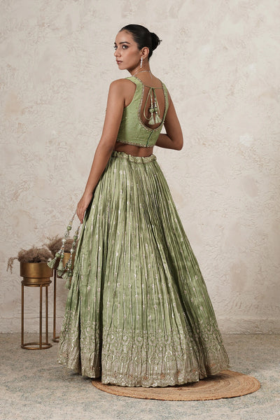 Hina Crushed Lehenga Set with Hand-Embroidered Blouse &amp; Dupatta | Green | Polyester | Women | THETAA