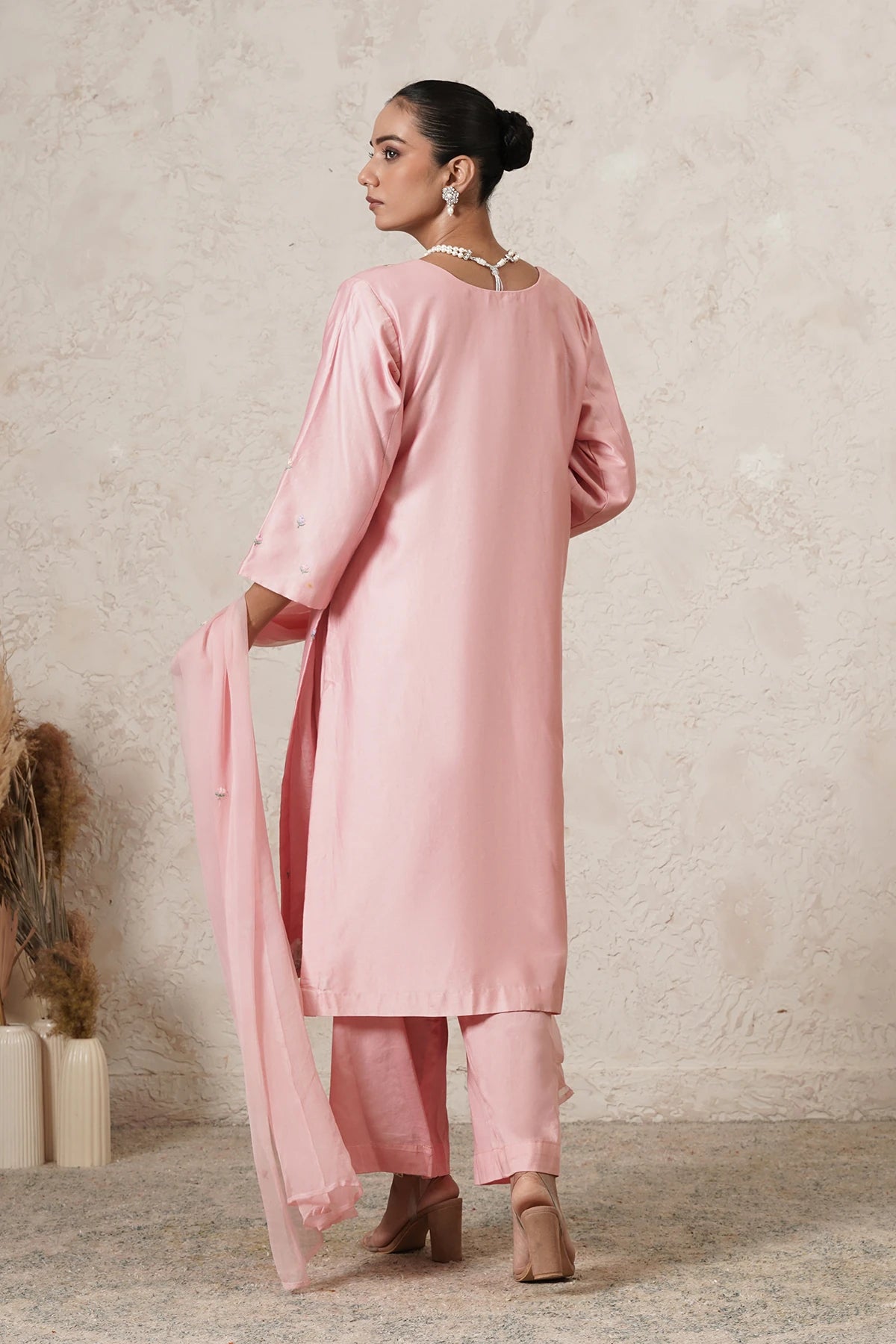 Gulnaar Hand-Embroidered A-Line Kurta Palazzo Set with Dupatta | Dark Pink | Chanderi & Satin | Women | THETAA