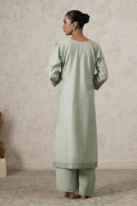 Dhaani Hand-Embroidered Kurta Set with Pants & Dupatta | Sage Green | Chanderi & Satin | Women | THETAA
