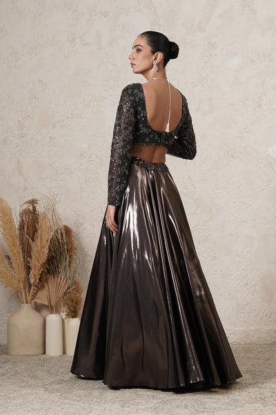 Saaya Metallic Lehenga Set with Hand-Embroidered Blouse &amp; Dupatta | Gunmetal | Polyester &amp; Net | Women | THETAA