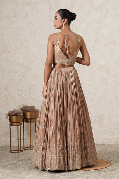 Sharbati Crushed Lehenga Set with Hand-Embroidered Blouse &amp; Dupatta | Champagne Rose | Polyester | Women | THETAA