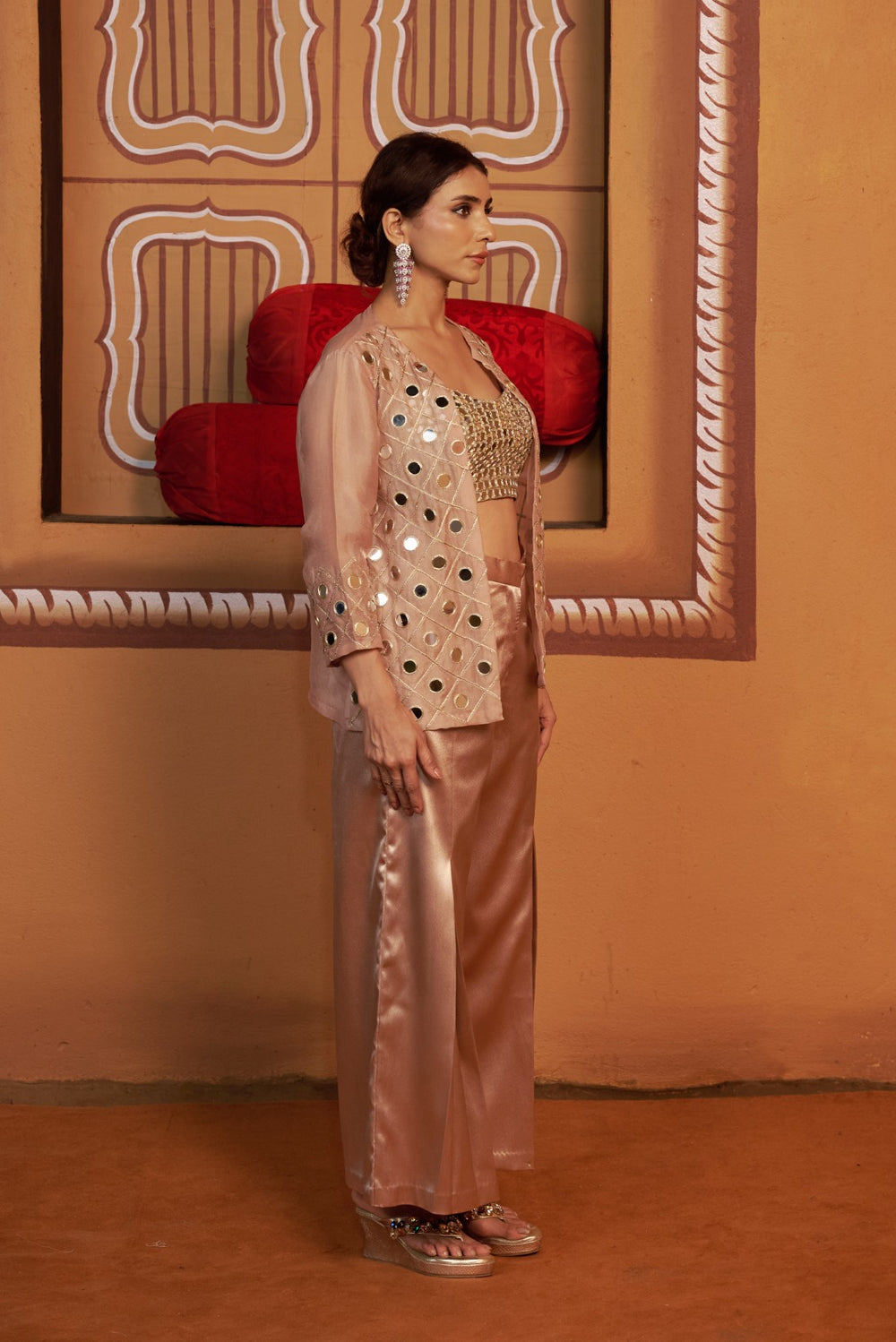 Mirror work Bustier with hand embroidered jacket and pants image 3