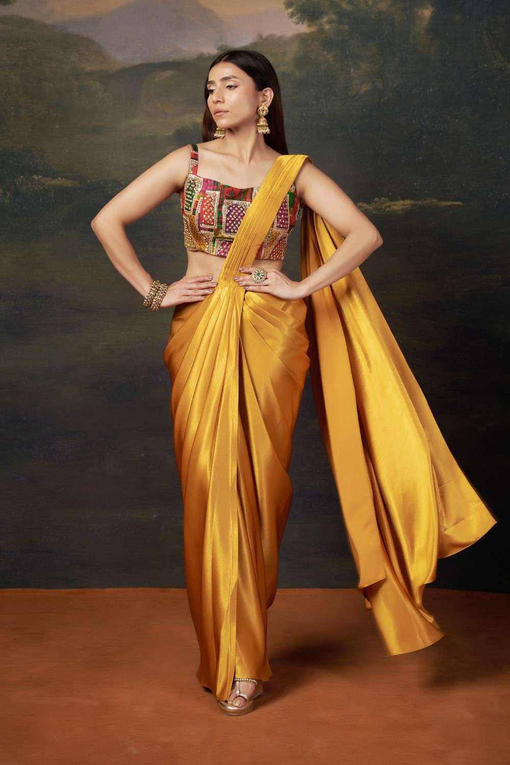 Hand embroidered blouse with pre draped liquid gold saree image 5