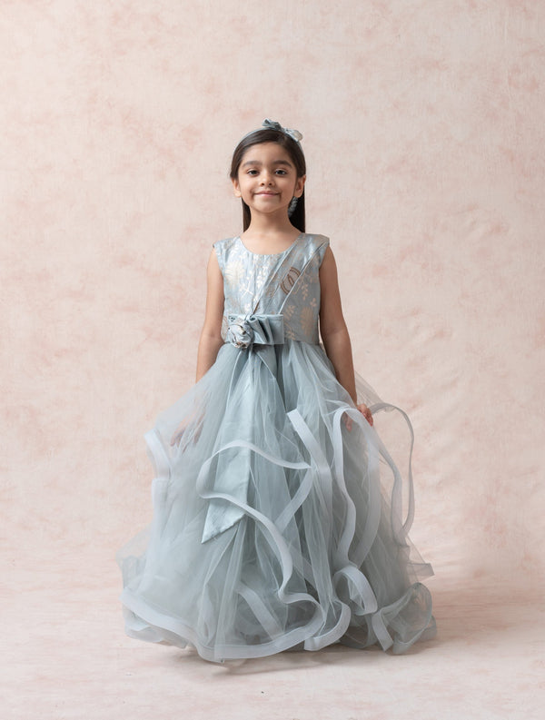 Brocade silk ruffle gown image 2
