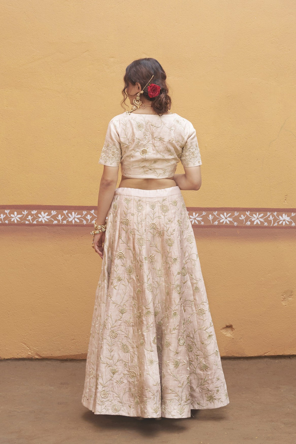 Ivory gold jaal work fully embroidered lehenga with blouse and dupatta image 1