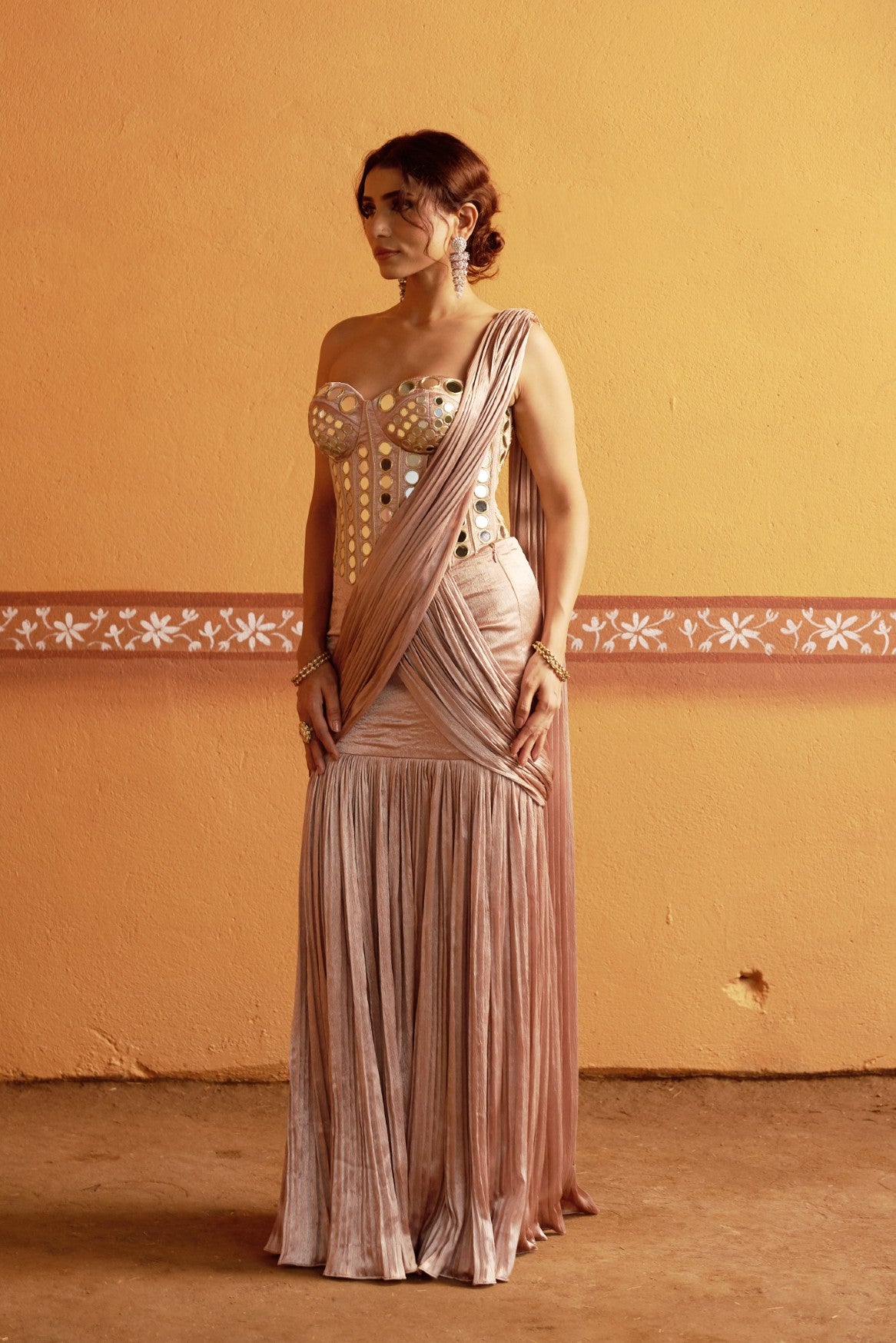 Hand embroidered corset with pleated pre draped saree image 7