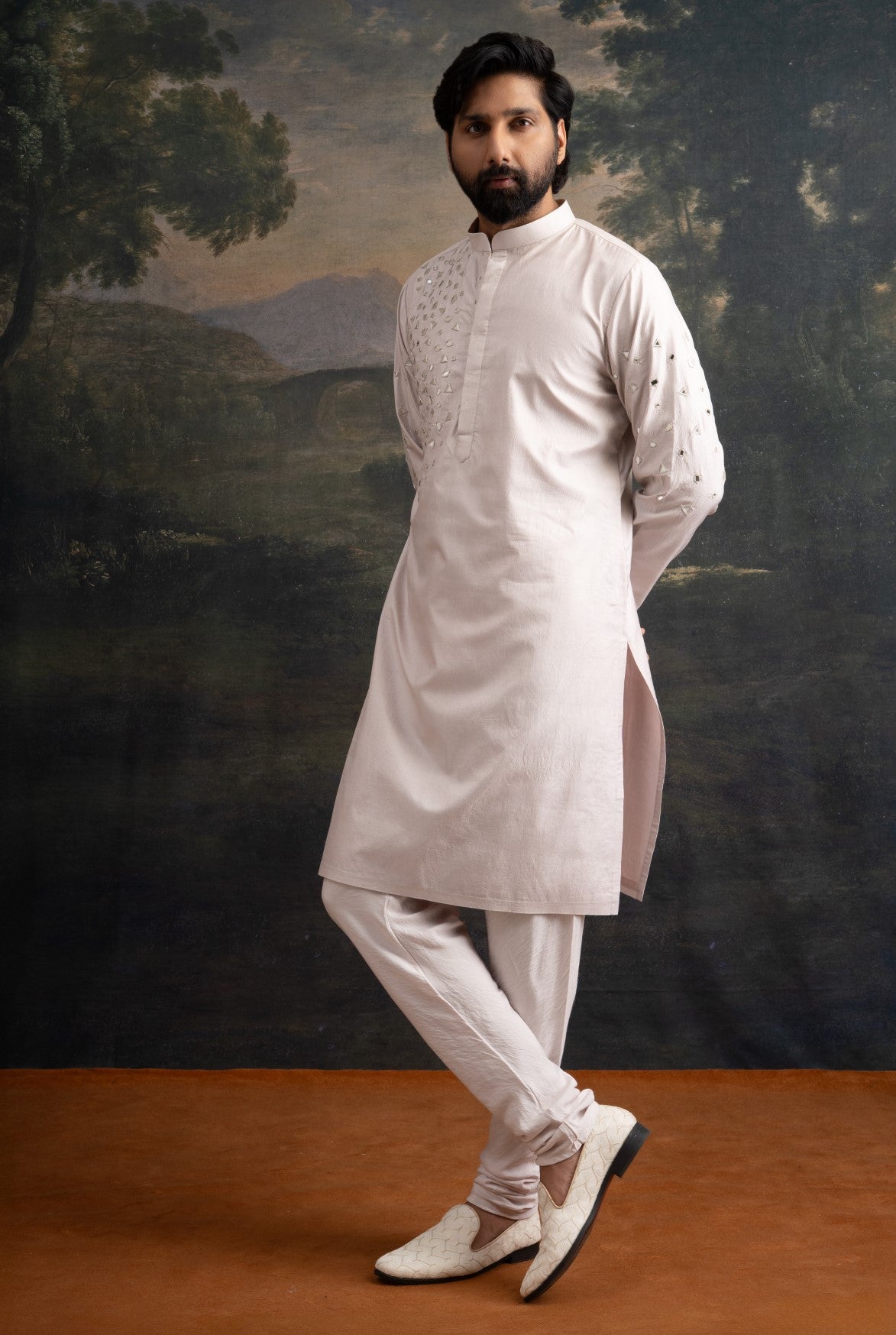 Champagne Hand embroidered  Mirror Work Kurta with Matching Pyjama image 3