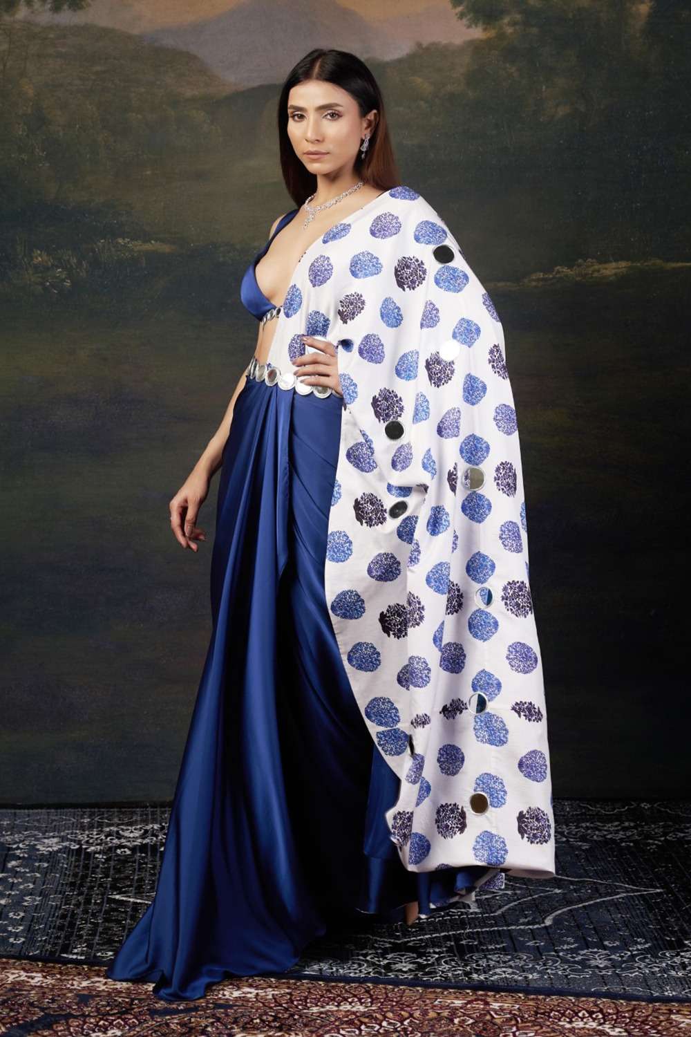 Mirror Work Blouse with Pre-Draped Buuti Print Saree image 1