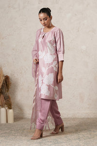 Mogra Floral Motif Kurta Set with Pants & Dupatta | Mauve Pink | Chanderi & Satin | Women | THETAA