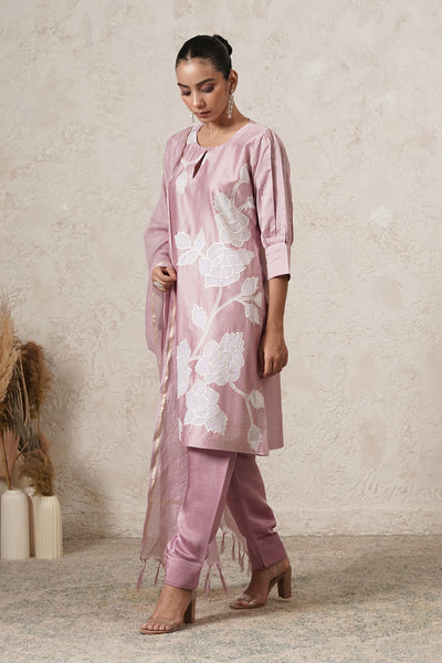 Mogra Floral Motif Kurta Set with Pants &amp; Dupatta | Mauve Pink | Chanderi &amp; Satin | Women | THETAA