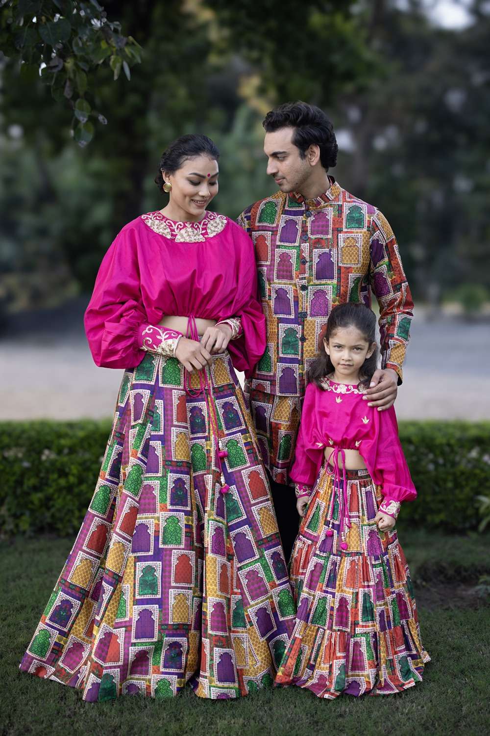 Hand-Embroidered Jharokha Print Twinning Set for Mom + Father  + Daughter image 0
